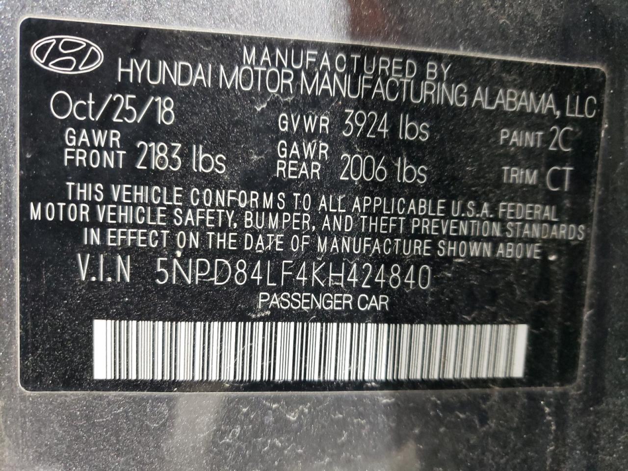 2019 Hyundai Elantra VIN 5NPD84LF4KH424840 Copart auction photo, rear end damage thumbnail 13