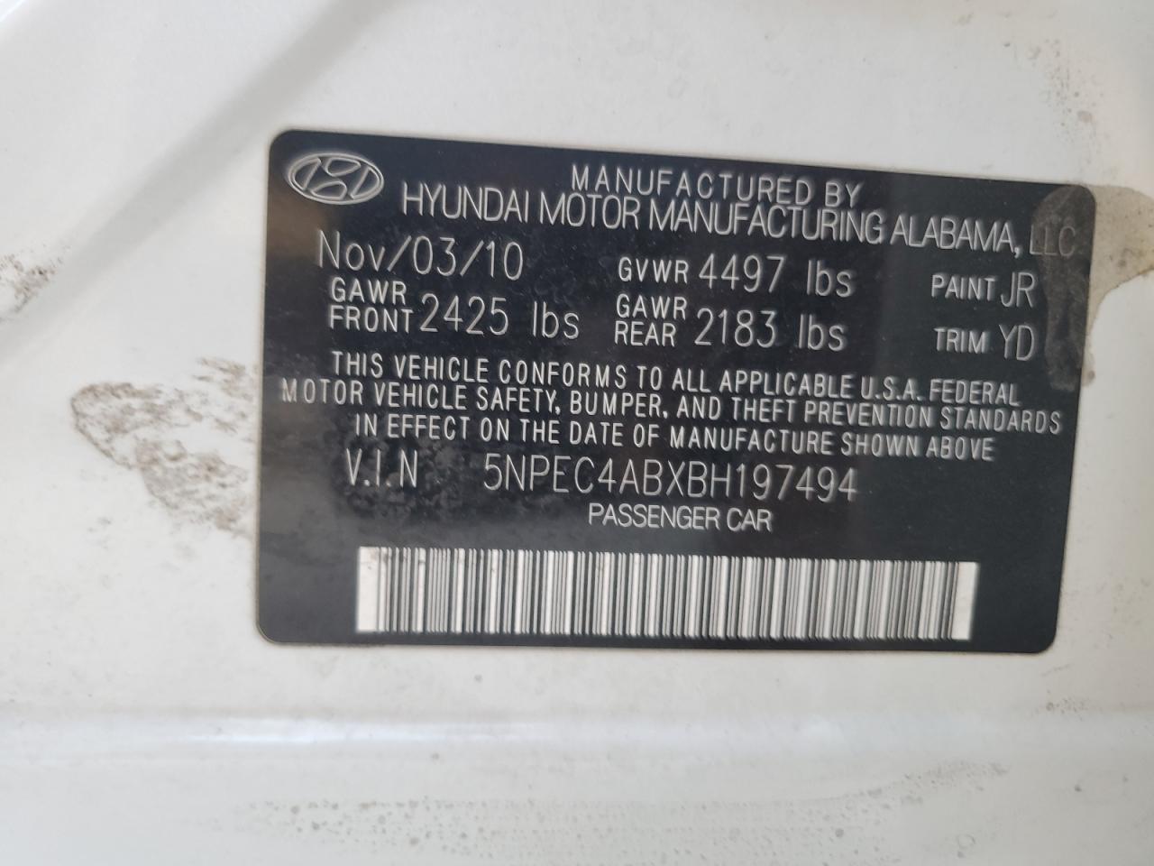 2011 Hyundai Sonata VIN 5NPEC4ABXBH197494 Copart auction photo, undercarriage / mechanical damage thumbnail 12