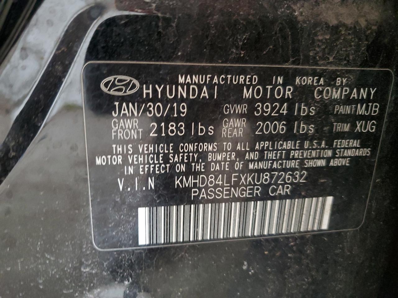 2019 Hyundai Elantra VIN KMHD84LFXKU872632 Copart auction photo, front end damage thumbnail 13