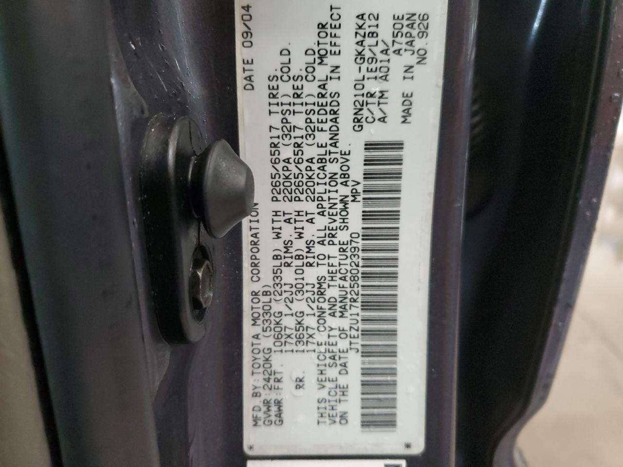 2005 Toyota 4Runner VIN JTEZU17R258023970 Copart auction photo, front end / minor dent/scratches damage thumbnail 14