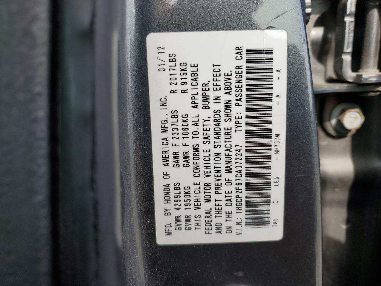 2012 Honda Accord VIN 1HGCP2F67CA072247 Copart auction photo, front end damage thumbnail 12