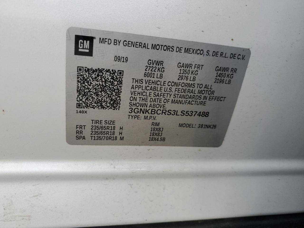2020 Chevrolet Blazer VIN 3GNKBCRS3LS537488 Copart auction photo, front end damage thumbnail 13