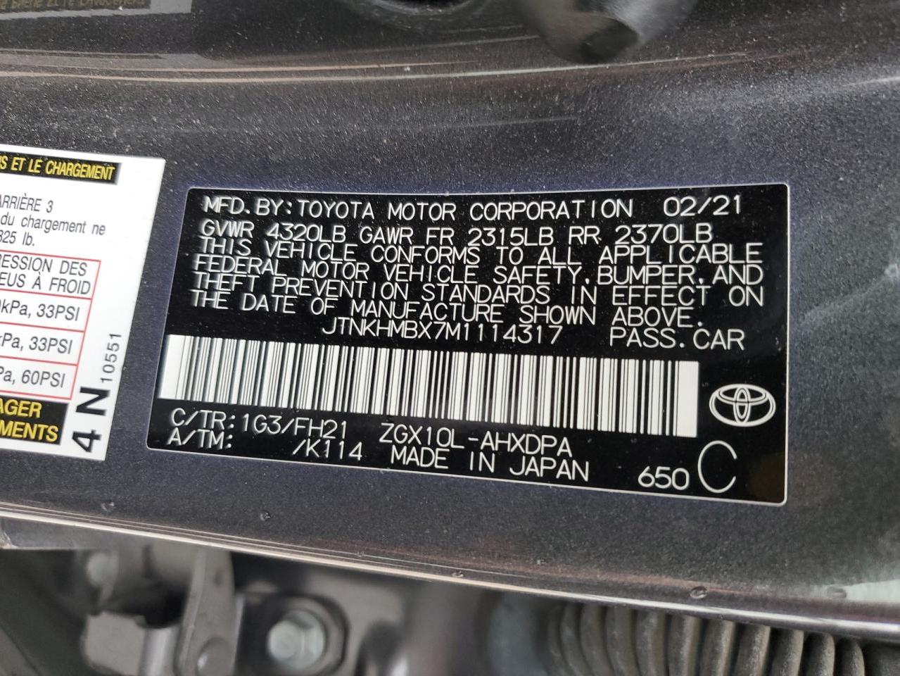 2021 Toyota C-HR VIN JTNKHMBX7M1114317 Copart auction photo, front end / minor dent/scratches damage thumbnail 12