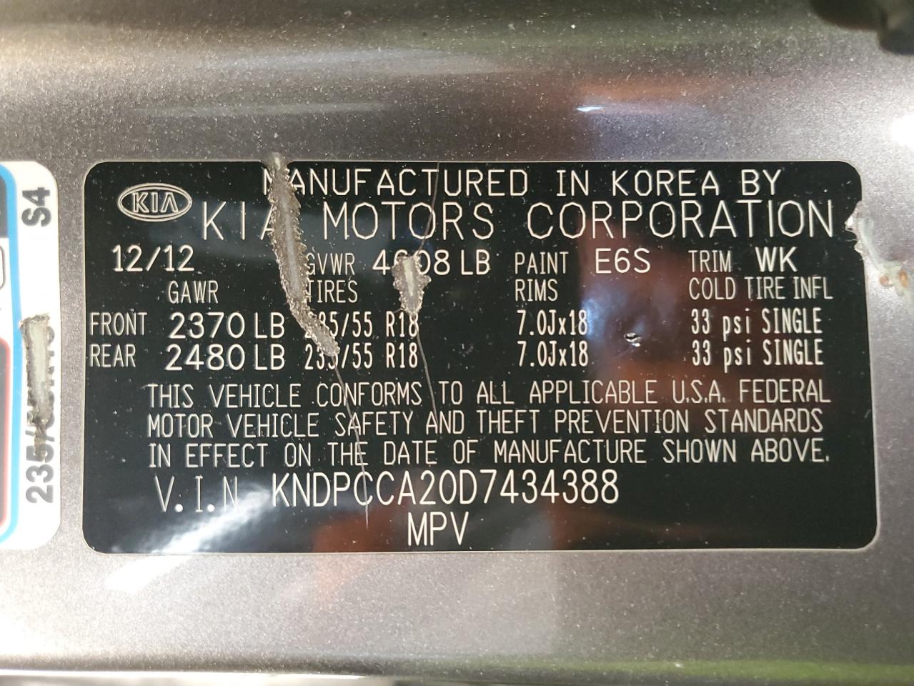 2013 KIA Sportage VIN KNDPCCA20D7434388 Copart auction photo, front end / rear end damage thumbnail 13