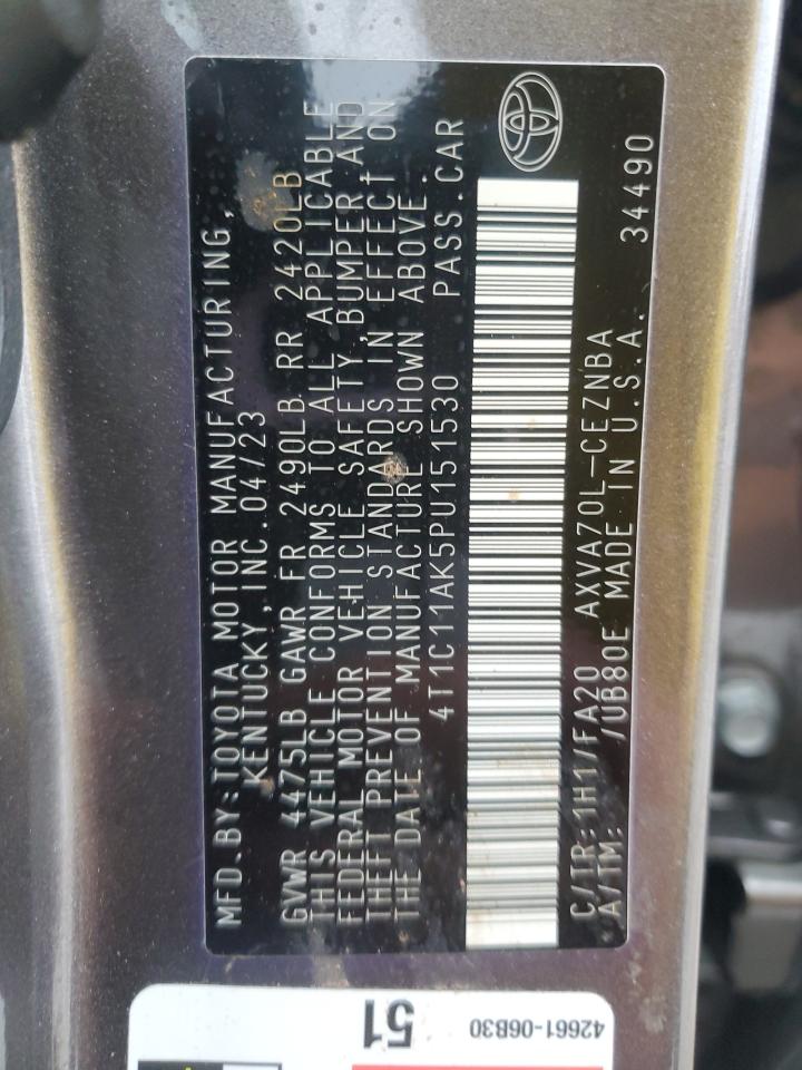 2023 Toyota Camry VIN 4T1C11AK5PU151530 Copart auction photo, front end / side damage thumbnail 12