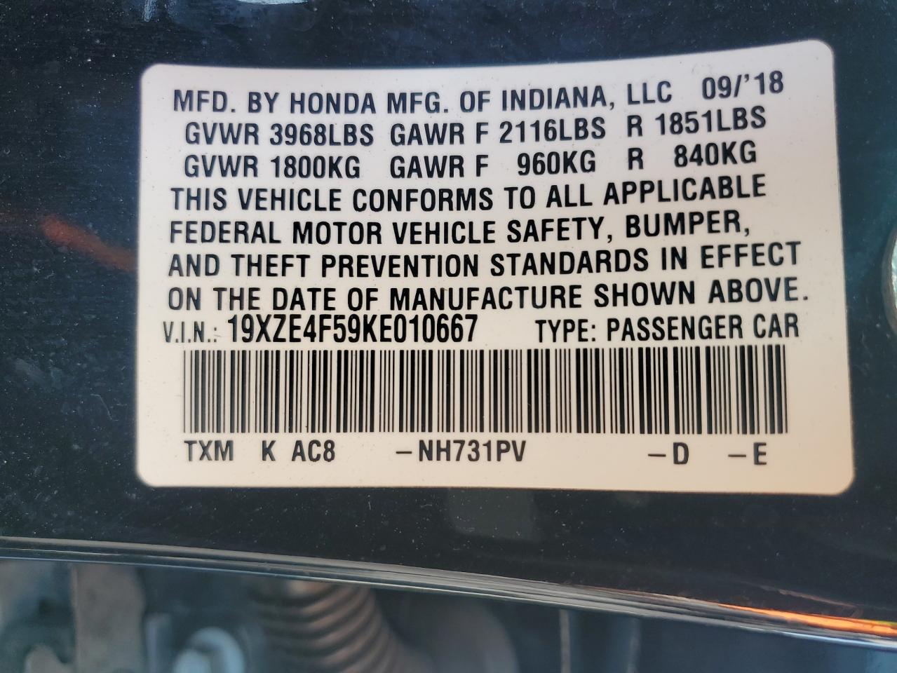 2019 Honda Insight VIN 19XZE4F59KE010667 Copart auction photo, all over damage thumbnail 15