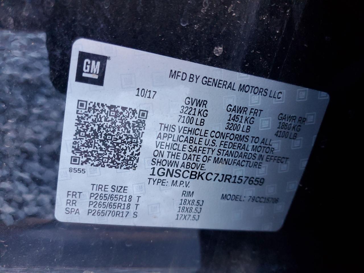2018 Chevrolet Tahoe VIN 1GNSCBKC7JR157659 Copart auction photo, biohazard/chemical / all over damage thumbnail 14
