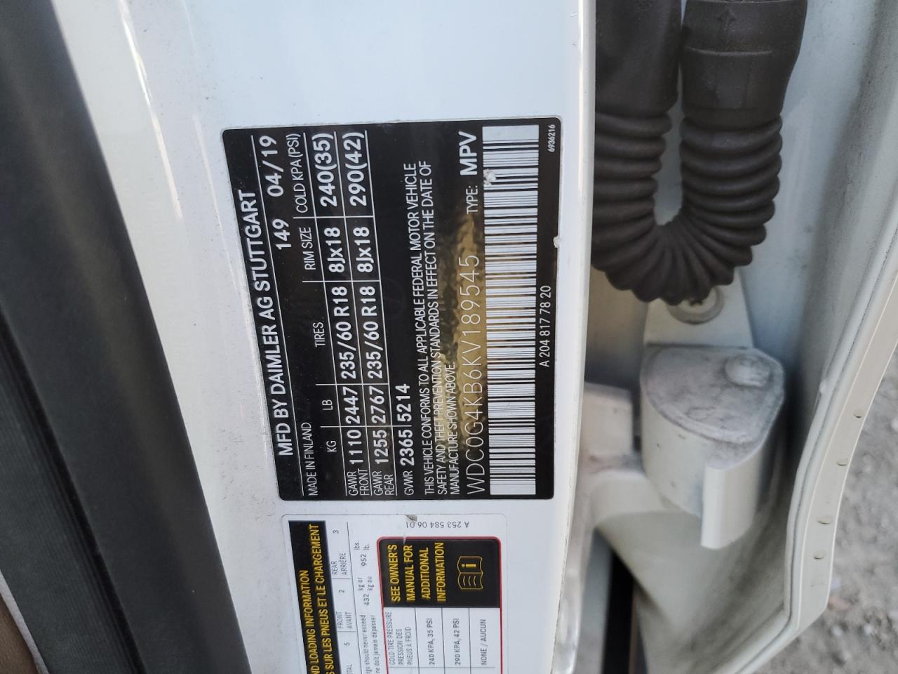 2019 Mercedes-Benz GLC VIN WDC0G4KB6KV189545 Copart auction photo, front end damage thumbnail 13