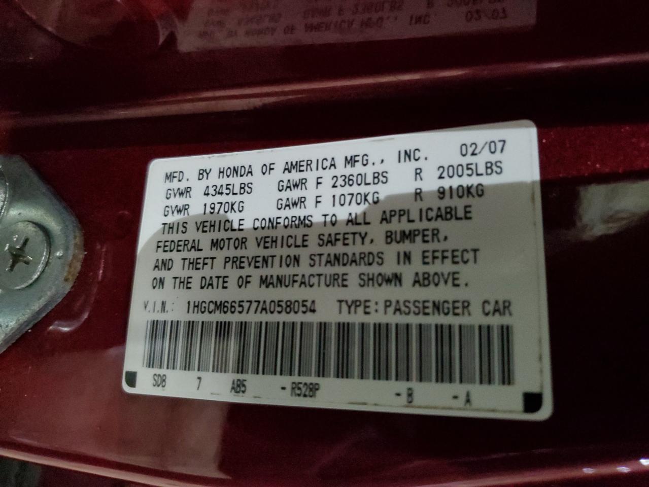 2007 Honda Accord VIN 1HGCM66577A058054 Copart auction photo, front end damage thumbnail 12