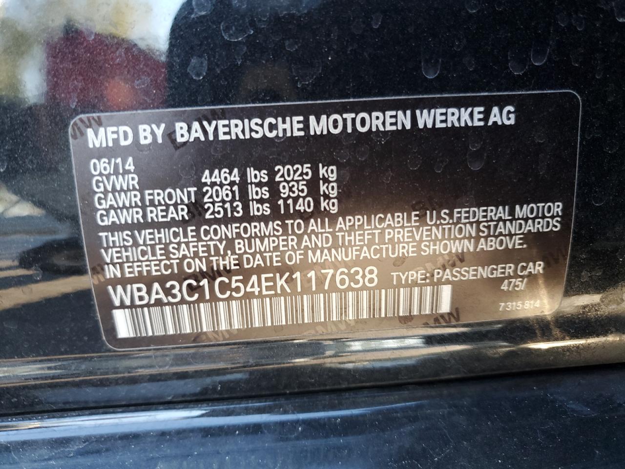 2014 BMW 3er VIN WBA3C1C54EK117638 Copart auction photo, front end damage thumbnail 13