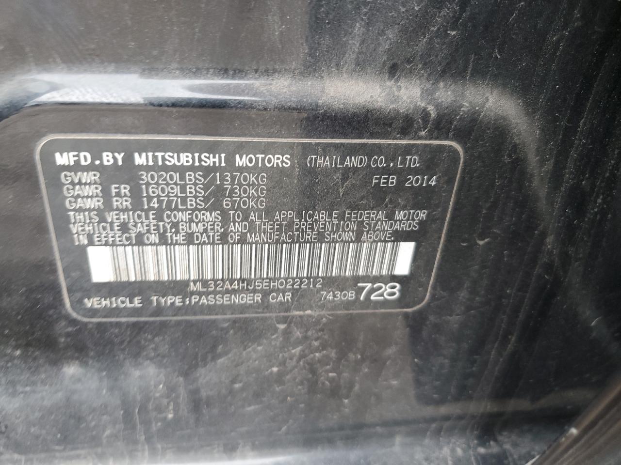 2014 Mitsubishi Mirage VIN ML32A4HJ5EH022212 Copart auction photo, front end / rear end damage thumbnail 12