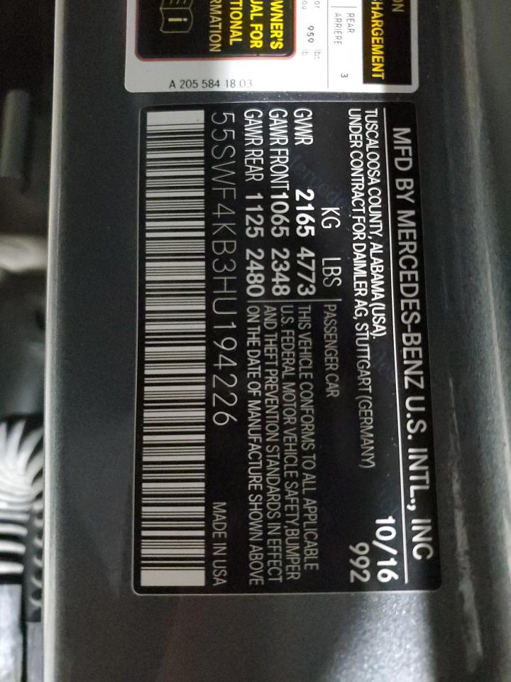 2017 Mercedes-Benz C-klasse VIN 55SWF4KB3HU194226 Copart auction photo, rear end damage thumbnail 13