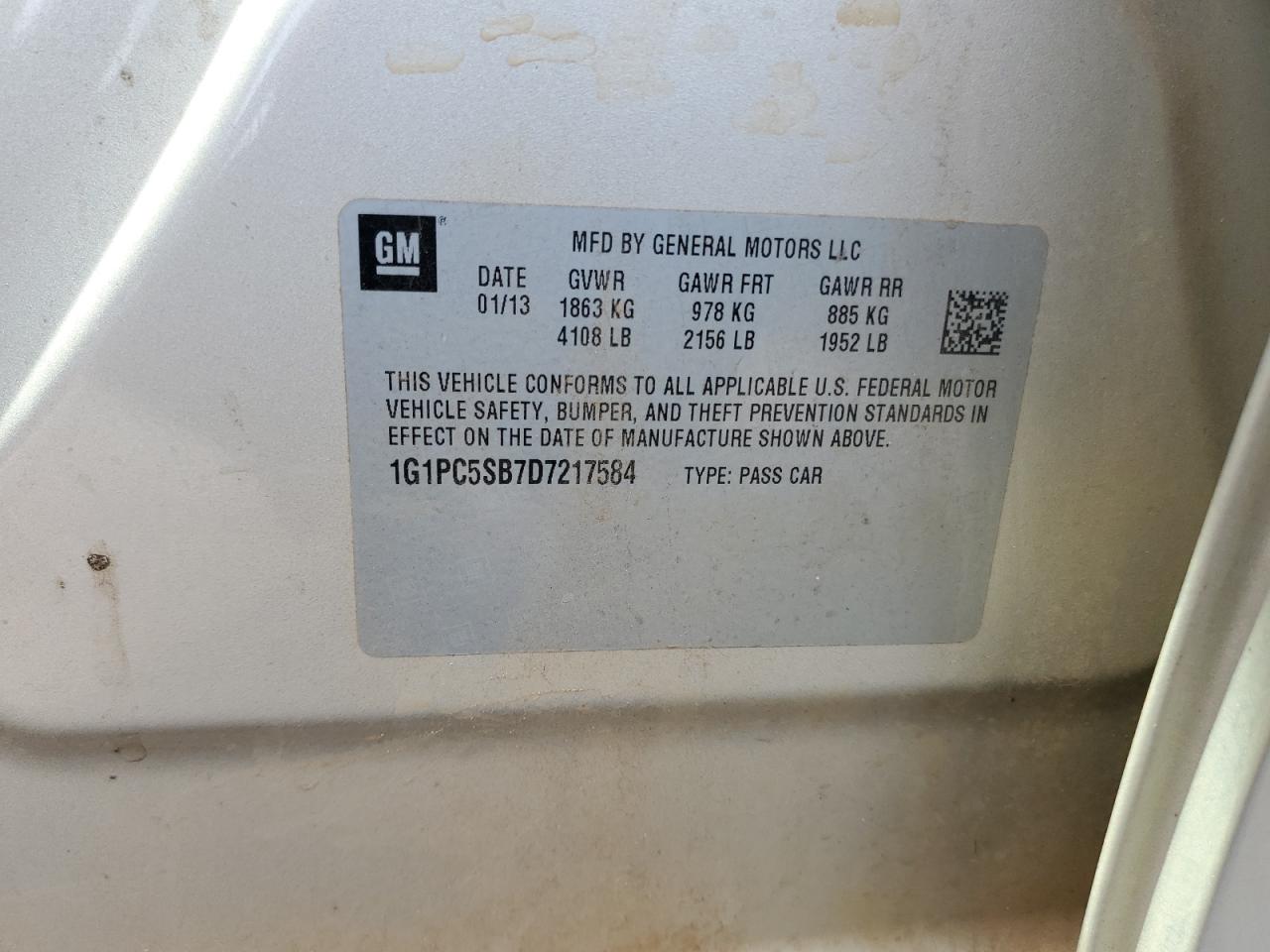 2013 Chevrolet Cruze VIN 1G1PC5SB7D7217584 Copart auction photo, side / front end damage thumbnail 12