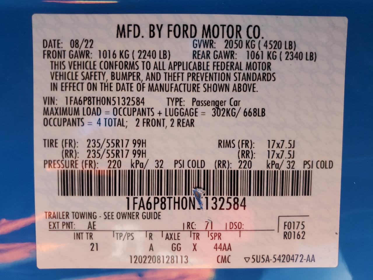 2022 Ford Mustang VIN 1FA6P8TH0N5132584 Copart auction photo, front end damage thumbnail 12