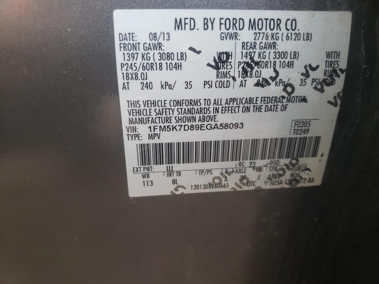 2014 Ford Explorer VIN 1FM5K7D89EGA58093 Copart auction photo, front end / minor dent/scratches damage thumbnail 13