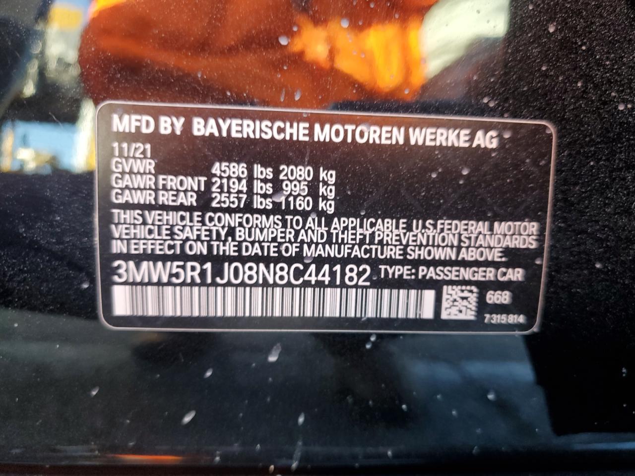 2022 BMW 3er VIN 3MW5R1J08N8C44182 Copart auction photo, front end / minor dent/scratches damage thumbnail 12