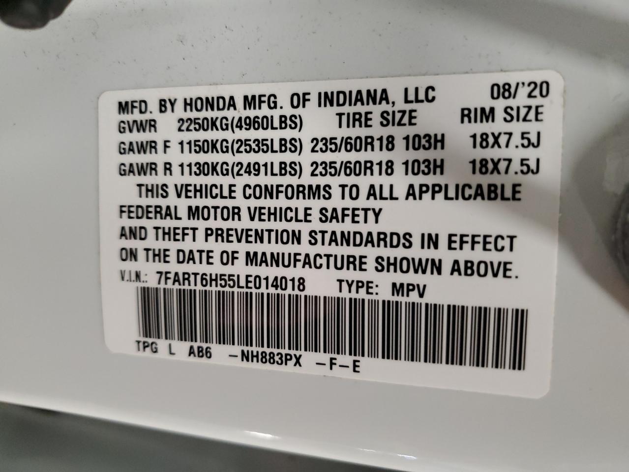 2020 Honda CR-V VIN 7FART6H55LE014018 Copart auction photo, front end / rear end damage thumbnail 15