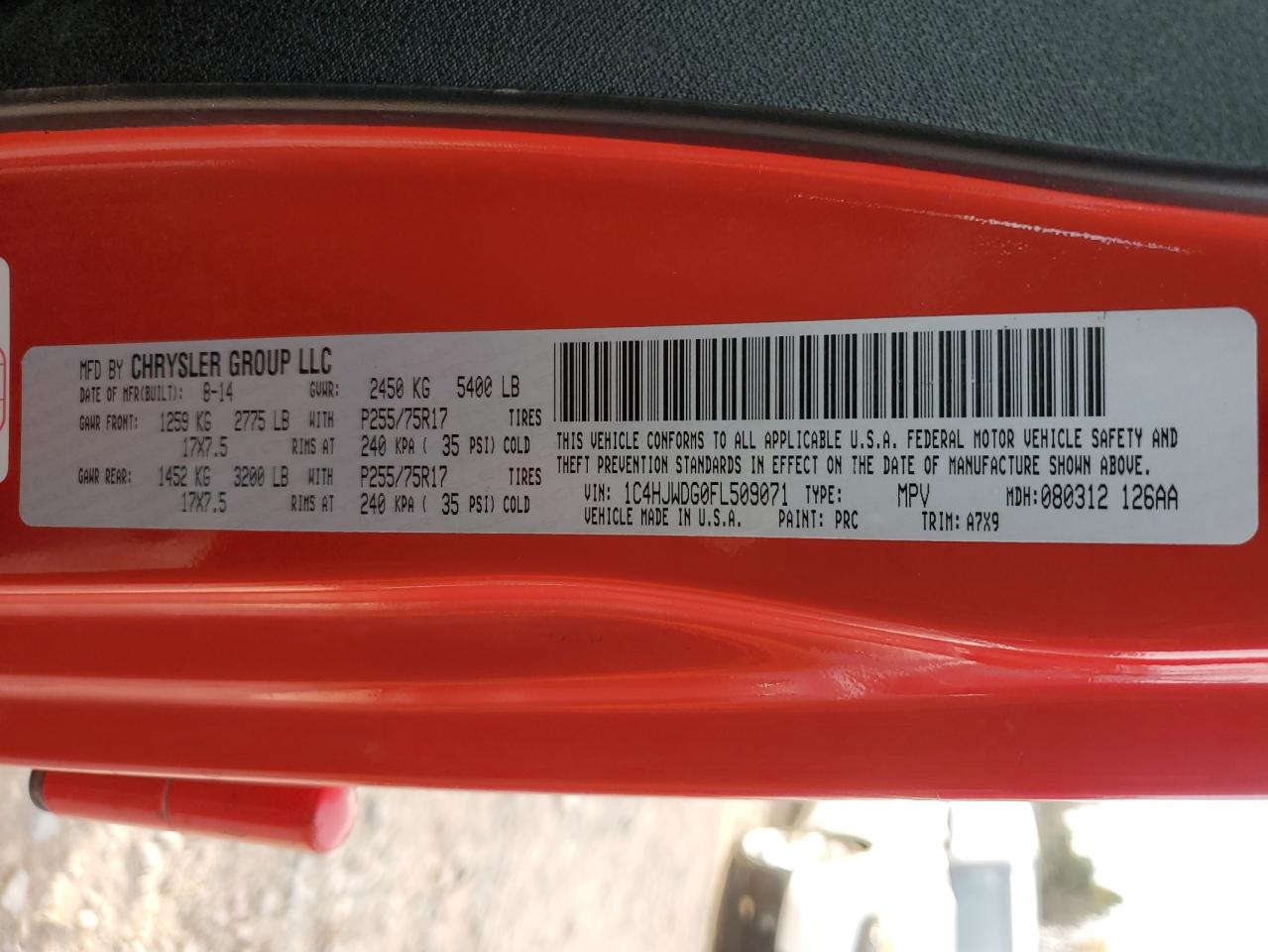 2015 Jeep Wrangler VIN 1C4HJWDG0FL509071 Copart auction photo, front end / minor dent/scratches damage thumbnail 12