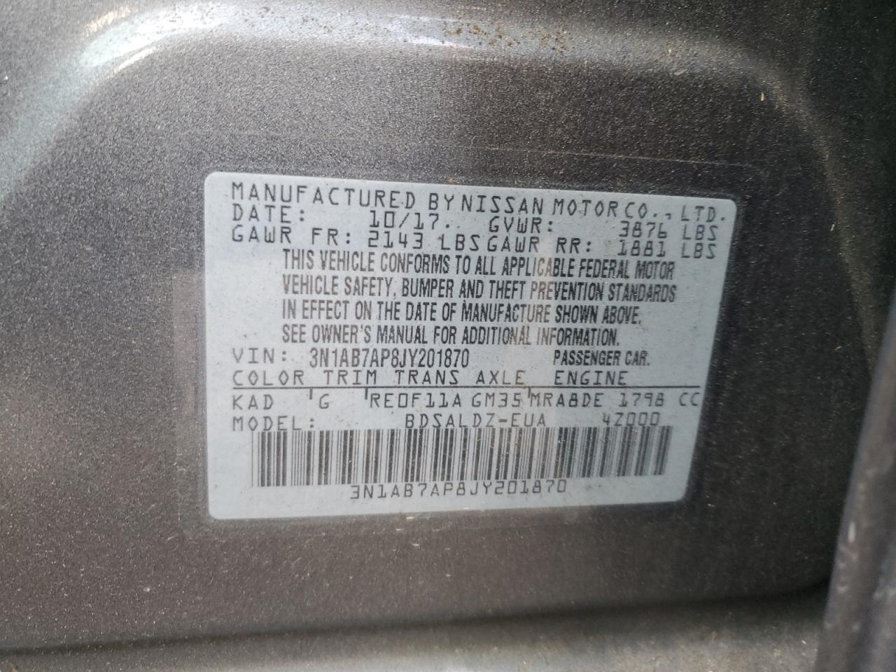 2018 Nissan Sentra VIN 3N1AB7AP8JY201870 Copart auction photo, rear end damage thumbnail 12