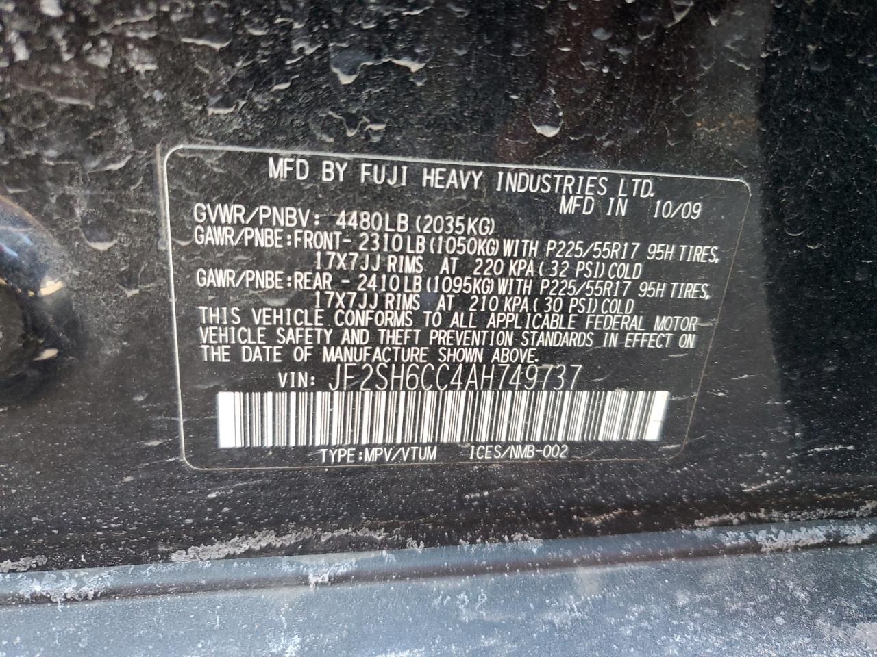 2010 Subaru Forester VIN JF2SH6CC4AH749737 Copart auction photo, rear end damage thumbnail 15