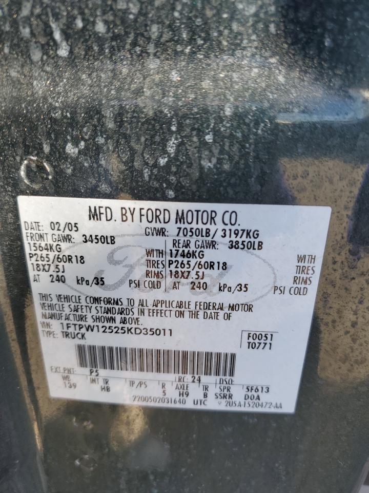 2005 Ford F-150 VIN 1FTPW12525KD35011 Copart auction photo, front end / minor dent/scratches damage thumbnail 12