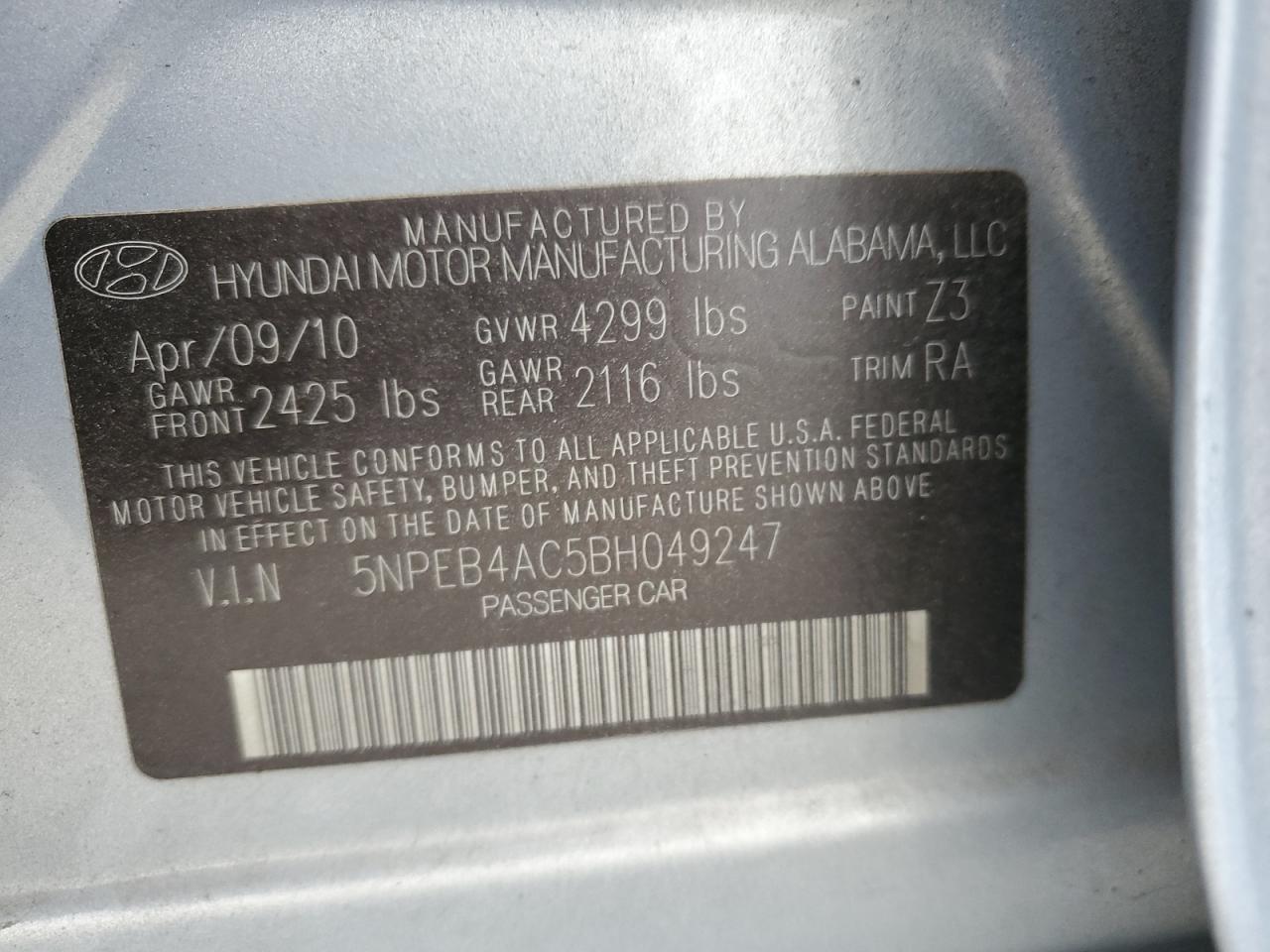 2011 Hyundai Sonata VIN 5NPEB4AC5BH049247 Copart auction photo, front end damage thumbnail 12