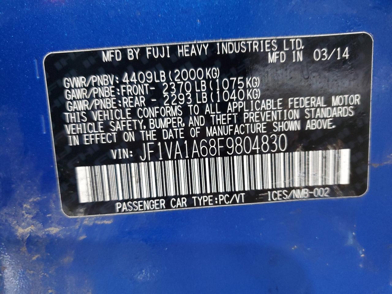 2015 Subaru WRX VIN JF1VA1A68F9804830 Copart auction photo, all over damage thumbnail 15
