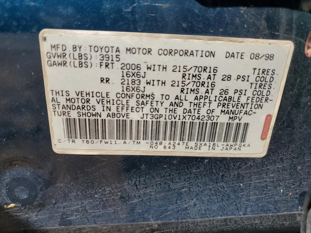1999 Toyota RAV 4 VIN JT3GP10V1X7042307 Copart auction photo, front end damage thumbnail 12
