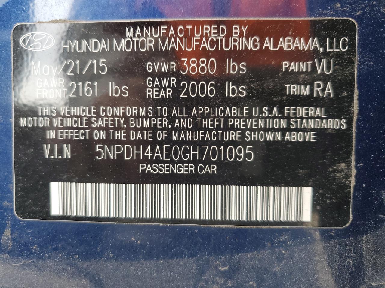 2016 Hyundai Elantra VIN 5NPDH4AE0GH701095 Copart auction photo, vandalism damage thumbnail 12