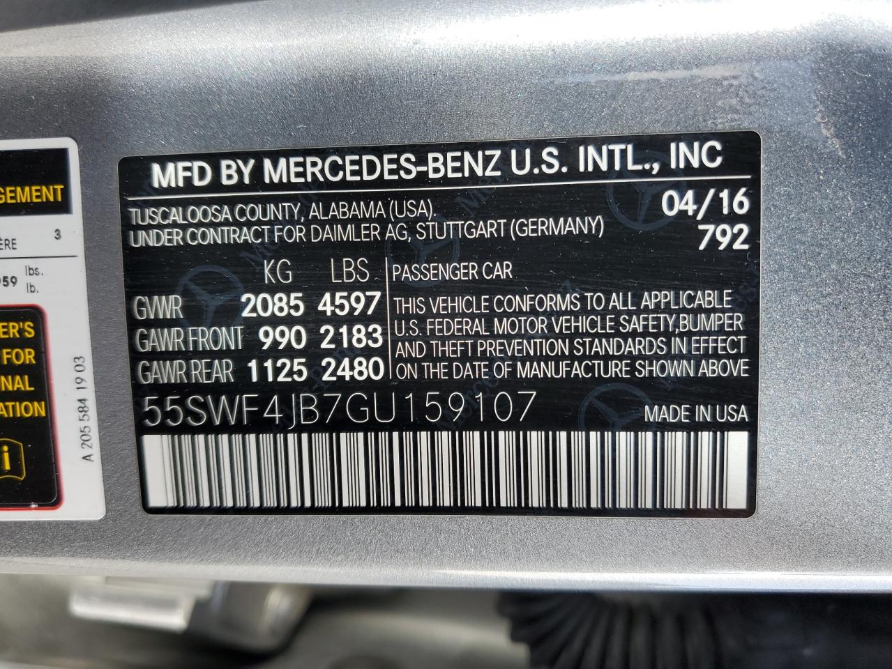 2016 Mercedes-Benz C-klasse VIN 55SWF4JB7GU159107 Copart auction photo, side damage thumbnail 14