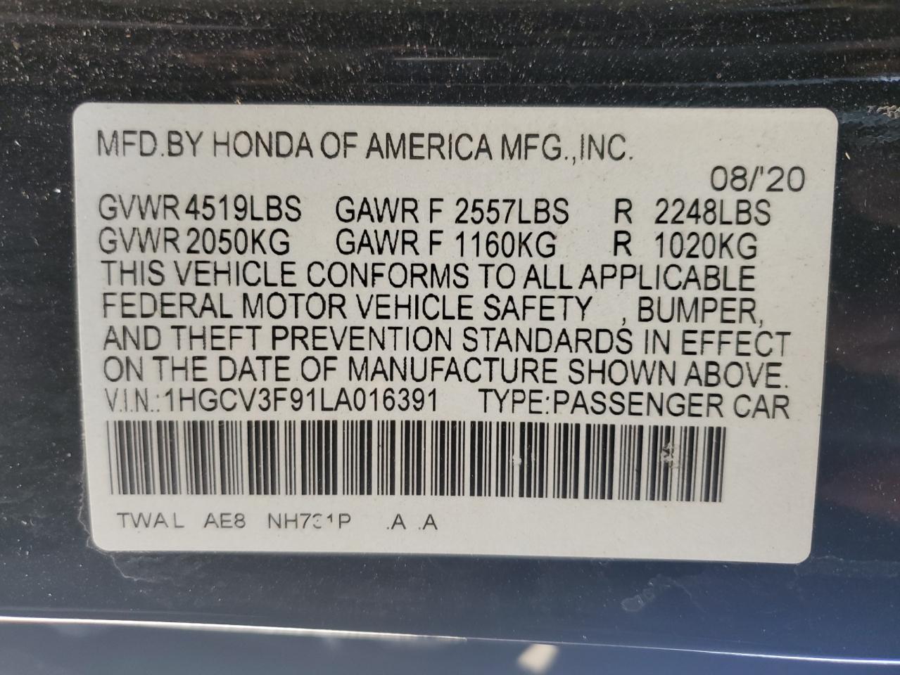 2020 Honda Accord VIN 1HGCV3F91LA016391 Copart auction photo, front end / minor dent/scratches damage thumbnail 12