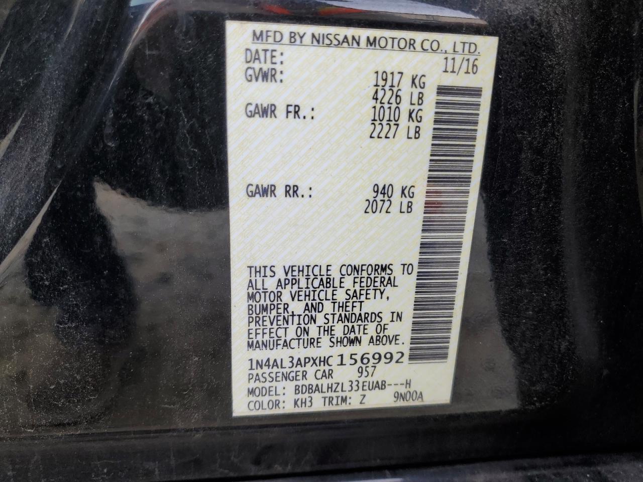 2017 Nissan Altima VIN 1N4AL3APXHC156992 Copart auction photo, front end / rear end damage thumbnail 12
