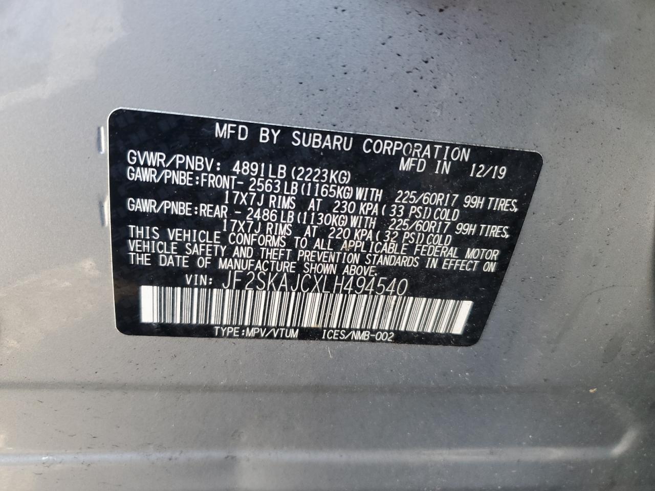 2020 Subaru Forester VIN JF2SKAJCXLH494540 Copart auction photo, all over damage thumbnail 13