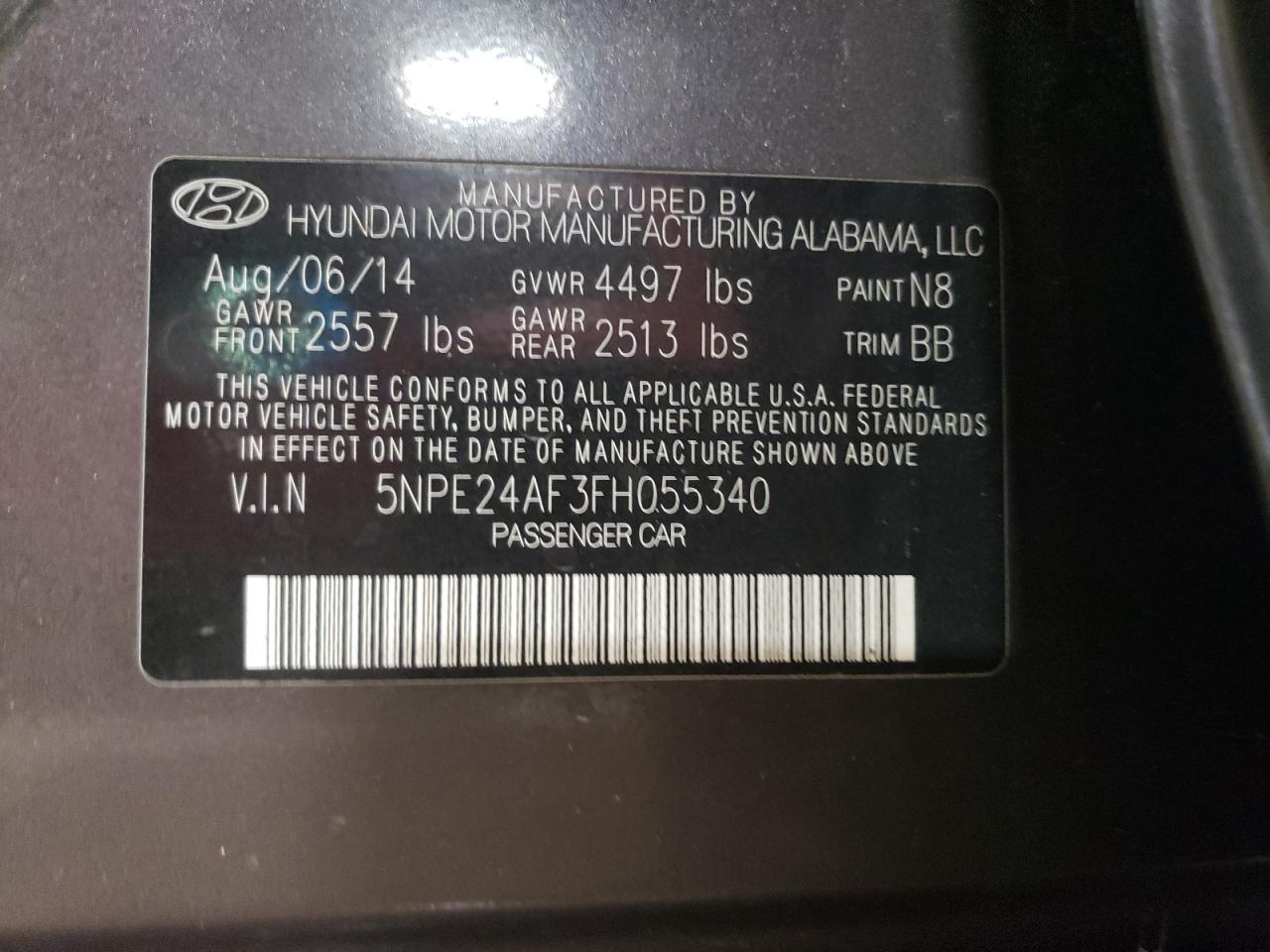 2015 Hyundai Sonata VIN 5NPE24AF3FH055340 Copart auction photo, front end damage thumbnail 13