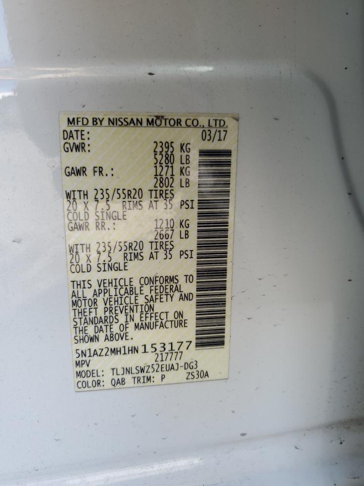 2017 Nissan Murano VIN 5N1AZ2MH1HN153177 Copart auction photo, front end damage thumbnail 12
