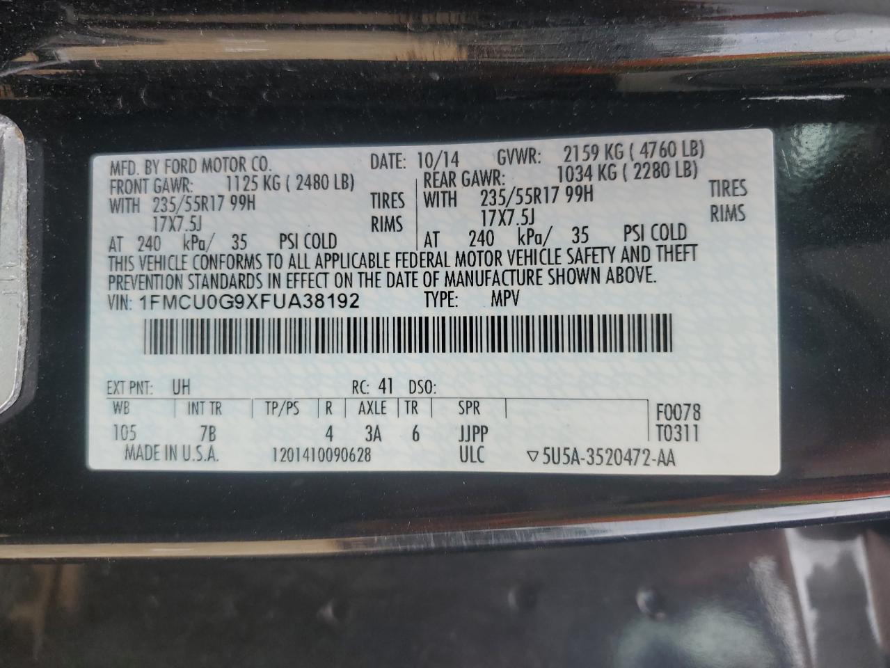 2015 Ford Escape VIN 1FMCU0G9XFUA38192 Copart auction photo, front end damage thumbnail 14