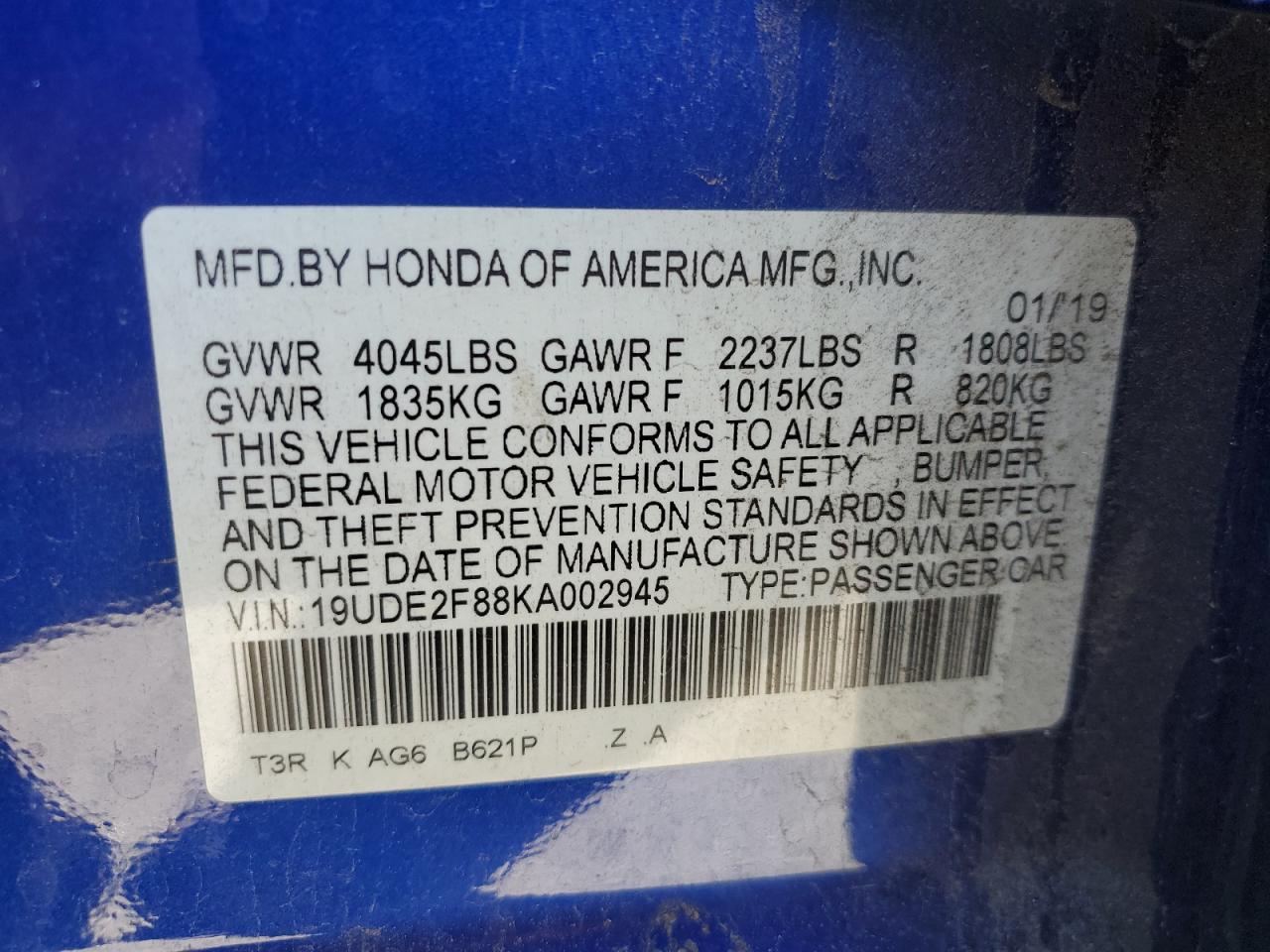 2019 Acura ILX VIN 19UDE2F88KA002945 Copart auction photo, rear end damage thumbnail 12