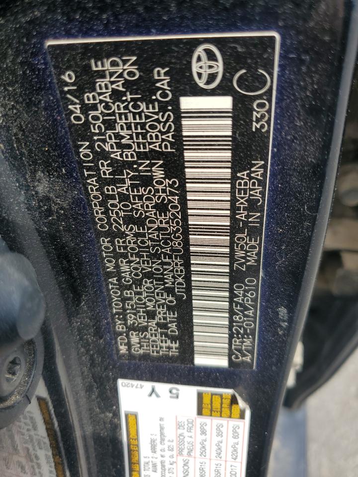 2016 Toyota Prius VIN JTDKBRFU8G3520473 Copart auction photo, front end / rear end damage thumbnail 12