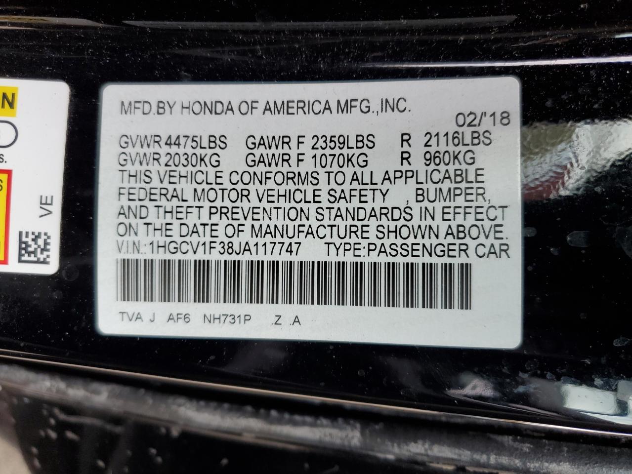 2018 Honda Accord VIN 1HGCV1F38JA117747 Copart auction photo, rear end / all over damage thumbnail 13
