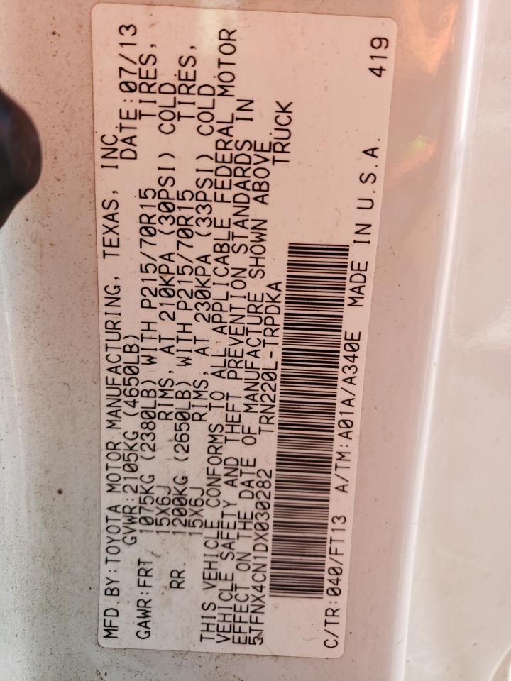 2013 Toyota Tacoma VIN 5TFNX4CN1DX030282 Copart auction photo, front end / minor dent/scratches damage thumbnail 12