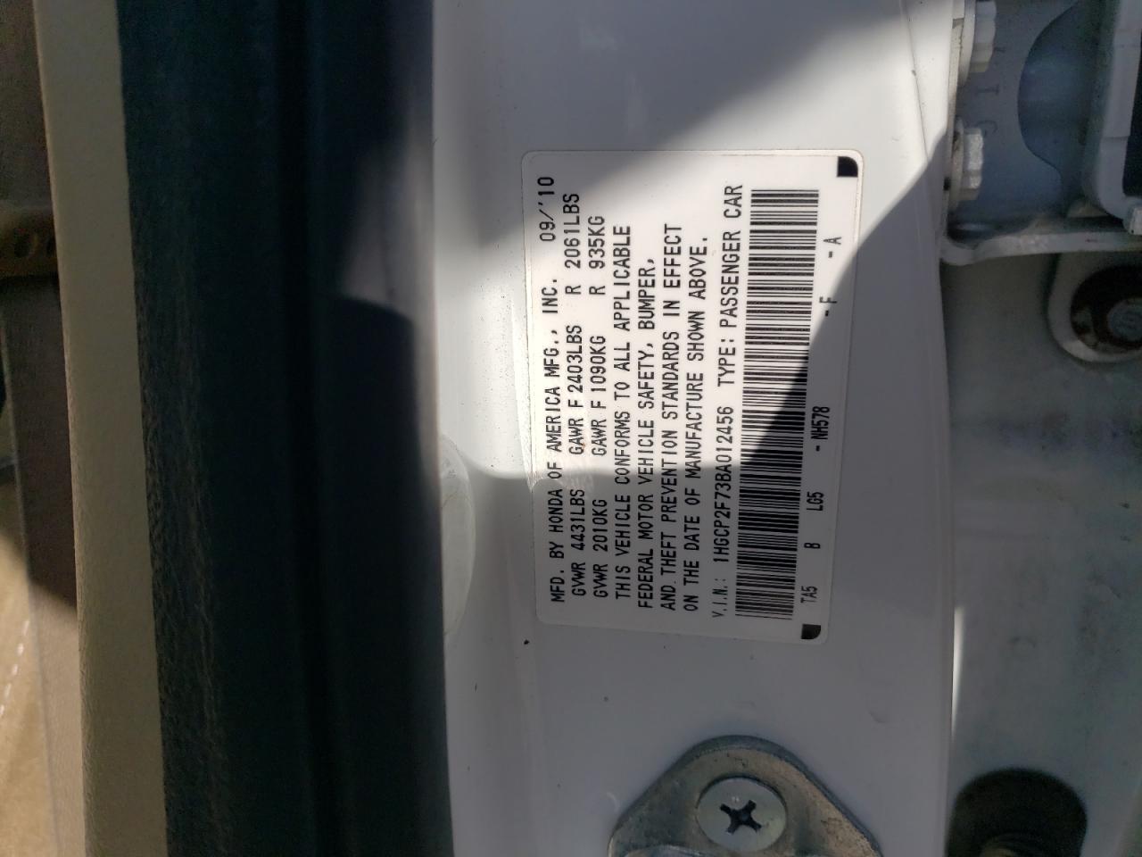 2011 Honda Accord VIN 1HGCP2F73BA012456 Copart auction photo, side / minor dent/scratches damage thumbnail 12