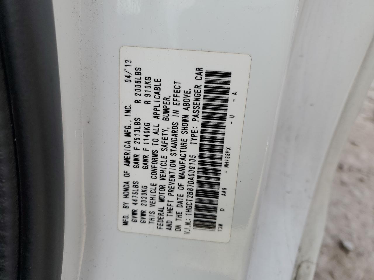 2013 Honda Accord VIN 1HGCT2B87DA009105 Copart auction photo, all over damage thumbnail 12