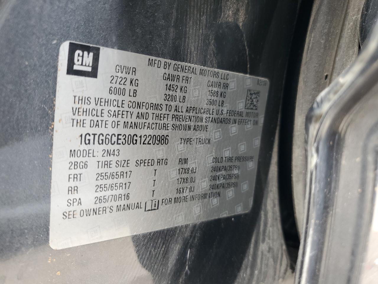 2016 GMC Canyon VIN 1GTG6CE30G1220986 Copart auction photo, rollover damage thumbnail 12