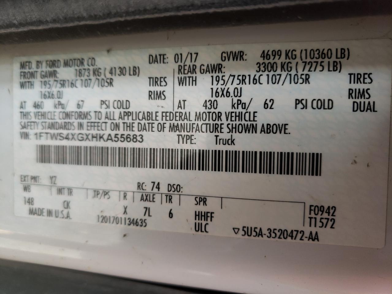 2017 Ford Transit VIN 1FTWS4XGXHKA55683 Copart auction photo, all over damage thumbnail 13