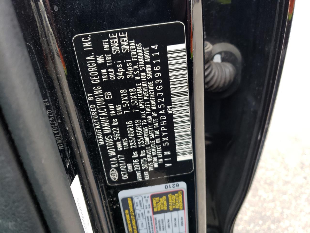 2018 KIA Sorento VIN 5XYPHDA52JG396114 Copart auction photo, side damage thumbnail 15