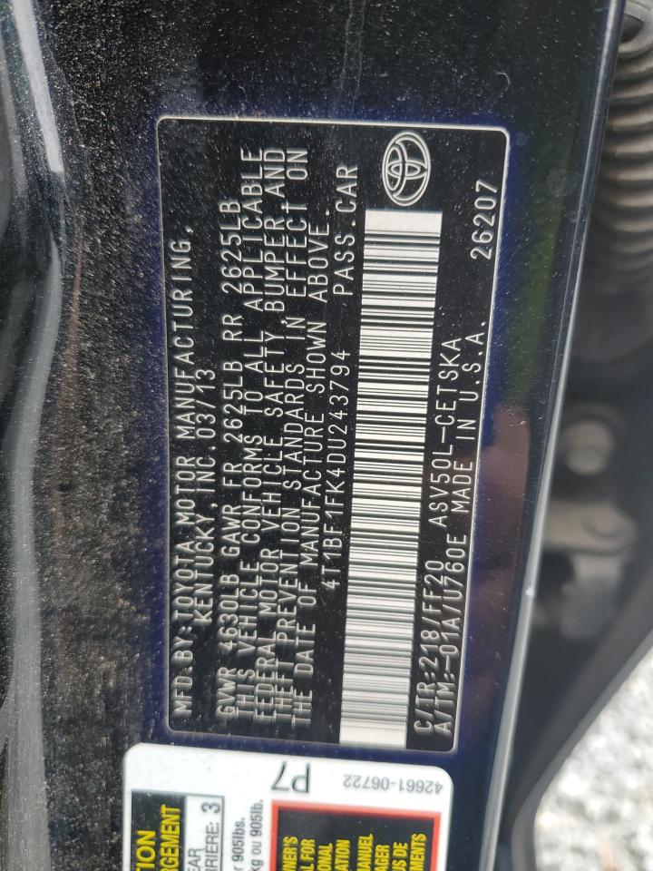 2013 Toyota Camry VIN 4T1BF1FK4DU243794 Copart auction photo, rear end / front end damage thumbnail 12