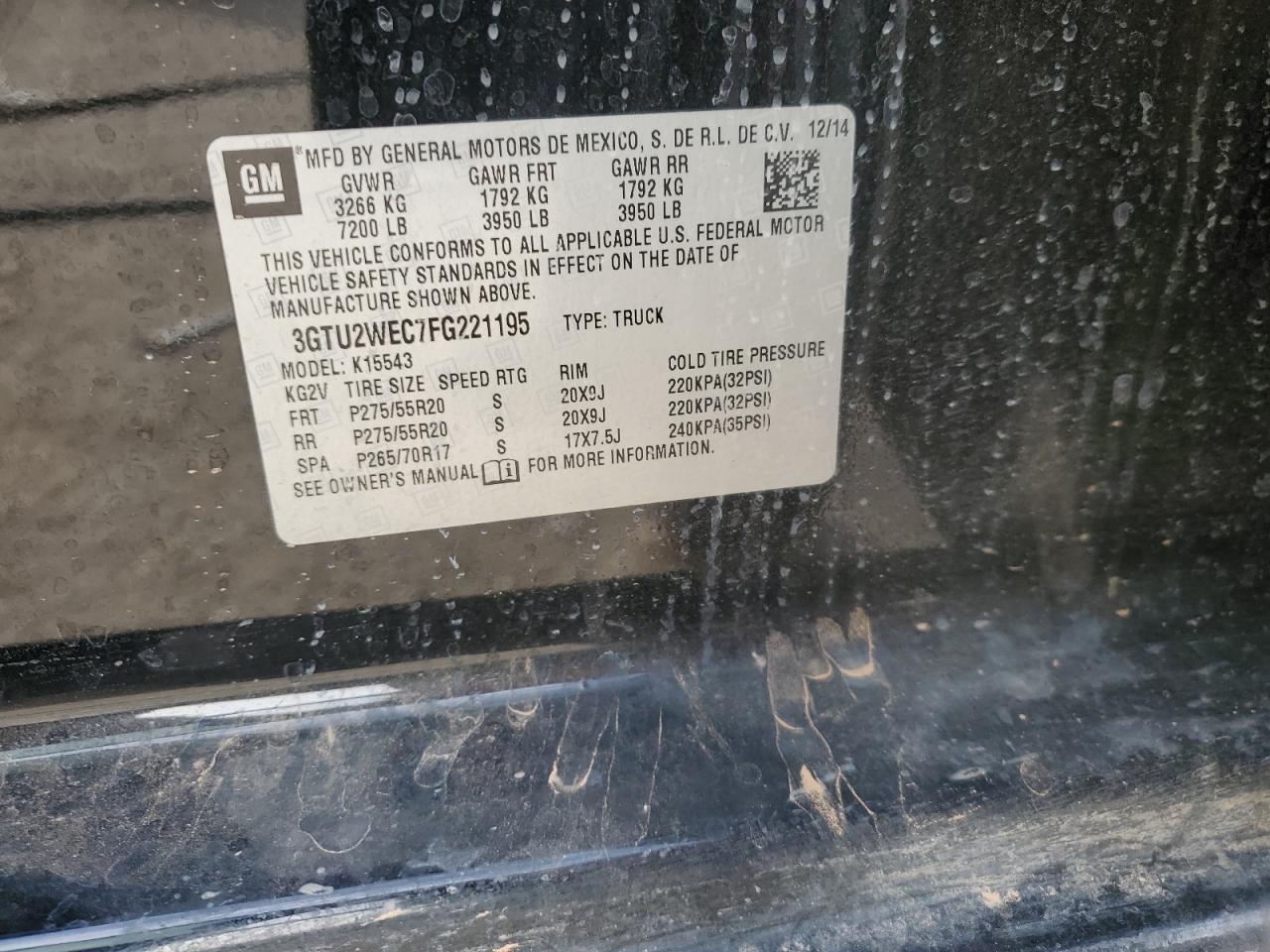 2015 GMC Sierra VIN 3GTU2WEC7FG221195 Copart auction photo, minor dent/scratches damage thumbnail 12