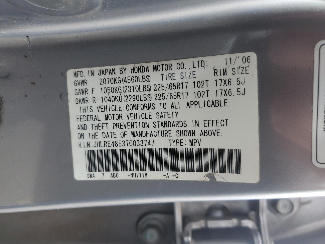 2007 Honda CR-V VIN JHLRE48537C033747 Copart auction photo, front end / side damage thumbnail 15