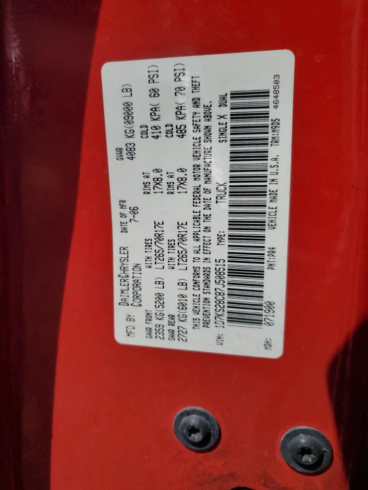 2007 Dodge RAM VIN 1D7KS28C87J508515 Copart auction photo, burn damage thumbnail 12