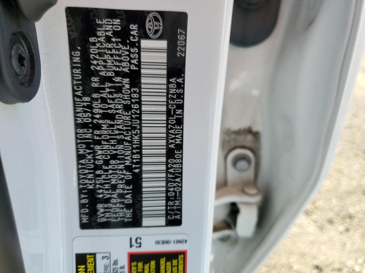 2018 Toyota Camry VIN 4T1B11HK5JU126183 Copart auction photo, front end damage thumbnail 13